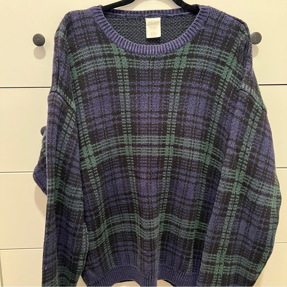 Vintage Old Navy Men’s Plaid Knit Sweater in Purple and Green Pattern, Size: L